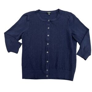 Talbots Cardigan Sweater Womens Petite XL Navy Blue Button Chevron Weave